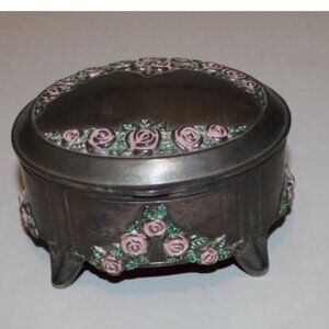 Round Floral Footed Metal Trinket Box Jewelry 5 x 4 x 3 Hinged Top Velvet Lined